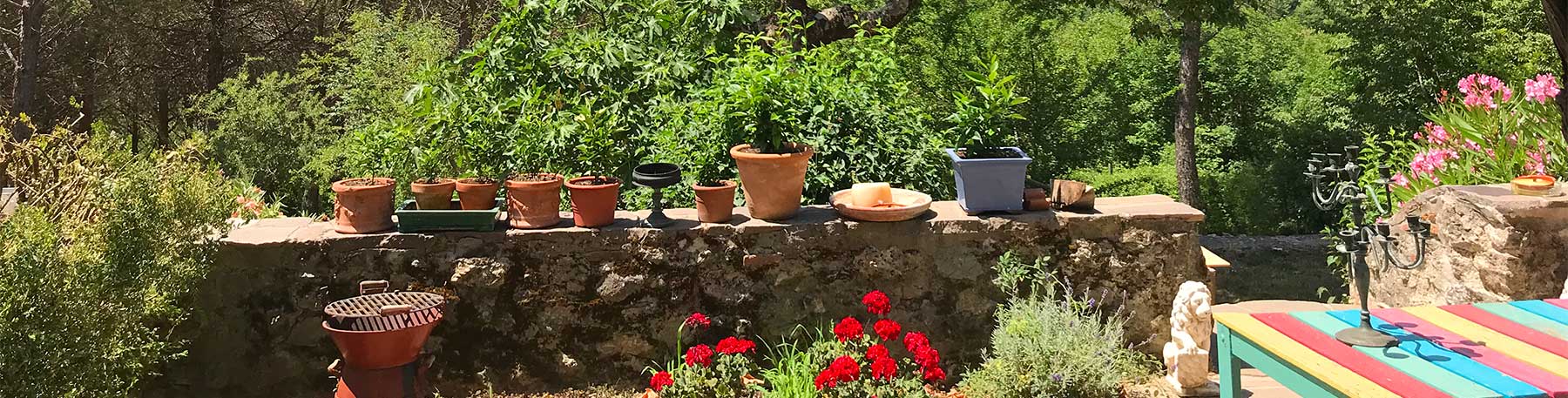 muretto in pietra con vasi di cotto toscano e fiori visti dalla prenotazioneporta di Tasso 9